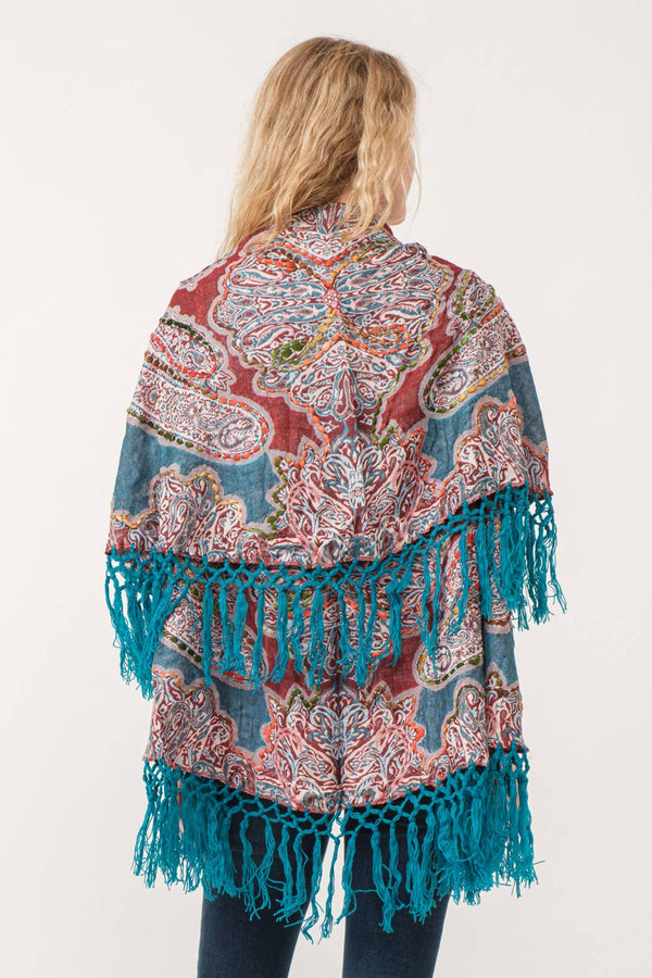Gisele Embroidered Poncho: Turquoise with Rust Multi / One Size Fits Most