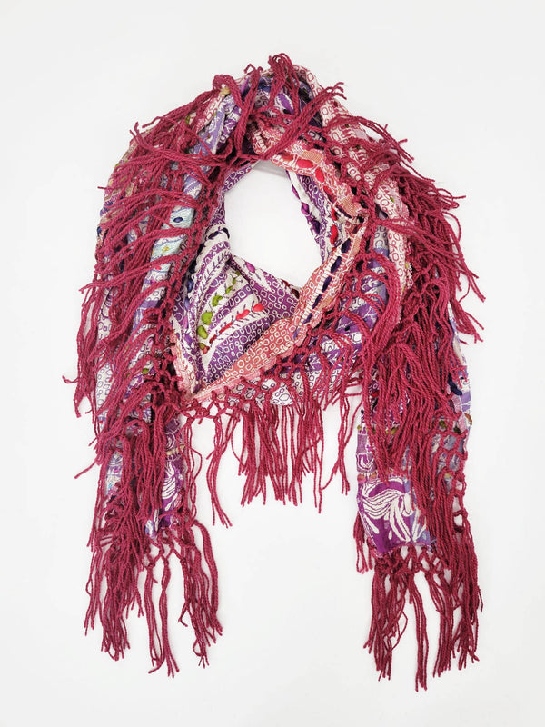 Raj - Jody Thick Stitch Marquise Diamond Shape Scarf Shawl 2 Color: Crimson / Multi