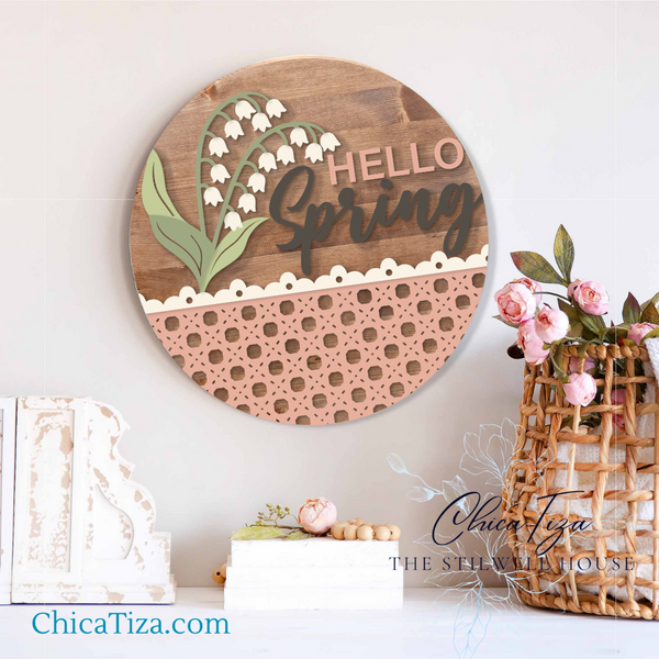 Hello Spring Lilly of the Valley - Round Wood Door Sign | Hanger | ChicaTiza