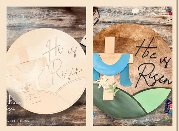 He Is Risen 1 Cross  - Round  Wood Door Sign | Hanger | ChicaTiza