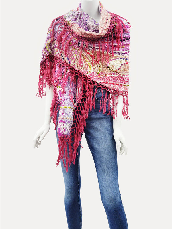 Raj - Jody Thick Stitch Marquise Diamond Shape Scarf Shawl 2 Color: Crimson / Multi