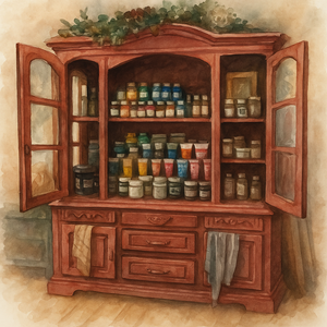 Wooden cabinet with open doors displaying Decorative paints and finishes by By DIY Debis Design Diary,  Wood Ubend, Posh Chalk and Painterlies  on a textured wall background