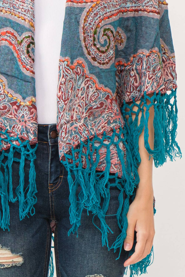 Gisele Embroidered Poncho: Turquoise with Rust Multi / One Size Fits Most