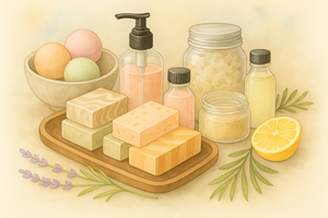 Illustration of various skincare products including soaps, bottles, and jars on a wooden tray with a lemon and herbs.