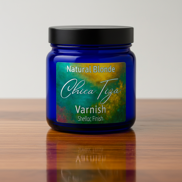 Blue bottle with painterly Chica Tiza Logo on a product called natural Blonde which is a Shellac Varnish or Top Coat
