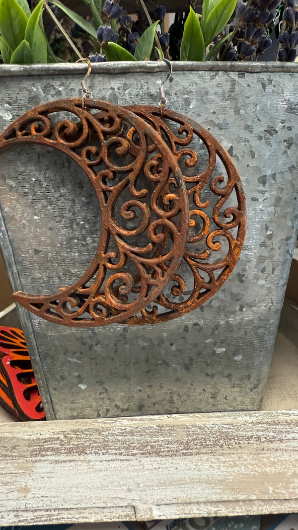 3inch Rusty Iron Crescent Moon Filigree Earrings by Wisp and Fern