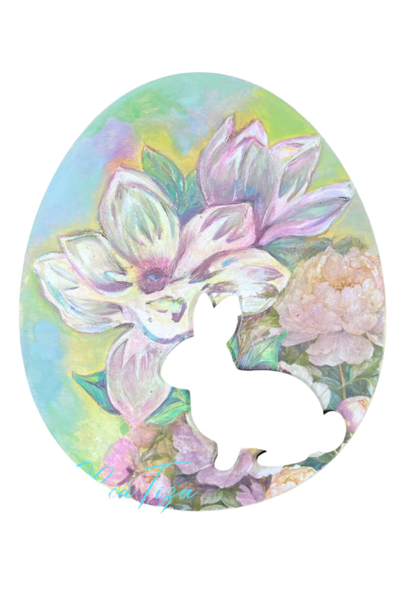 Painted floral egg project featuring the ChicaTiza sitting bunny wood cutout