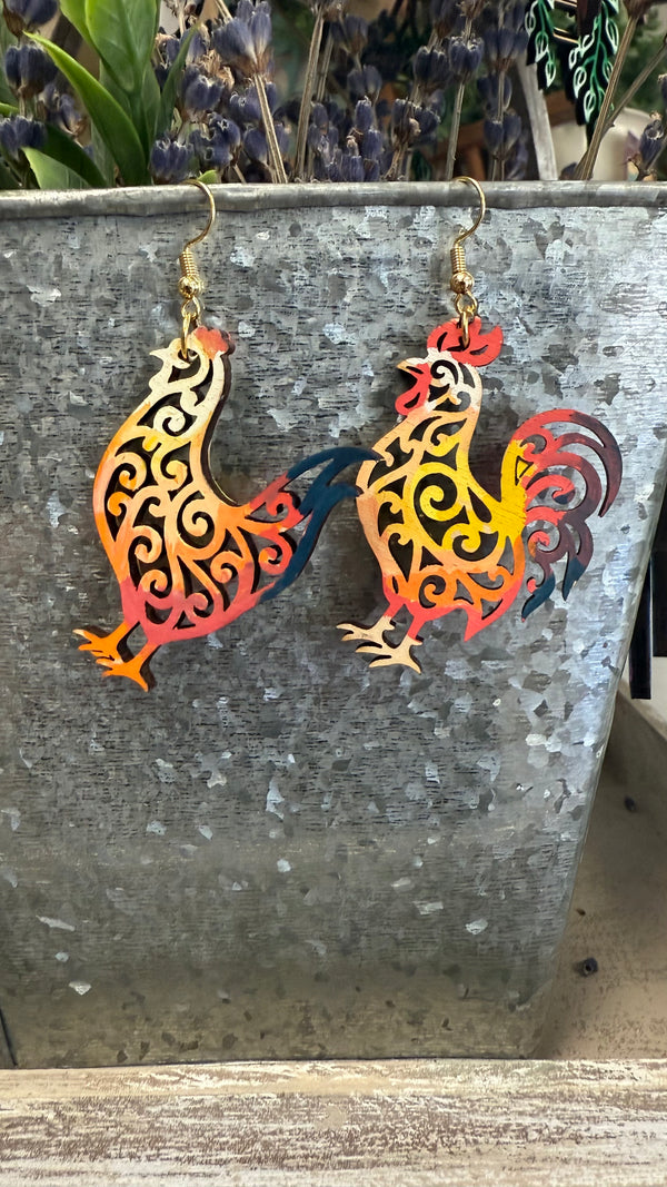 Rooster and Hen Filigree Earrings by Wisp & Fern