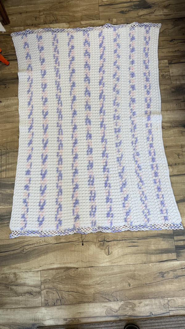 Hand- Crocheted White Throw Blanket with Lavender and Pink Accents -58x43 in