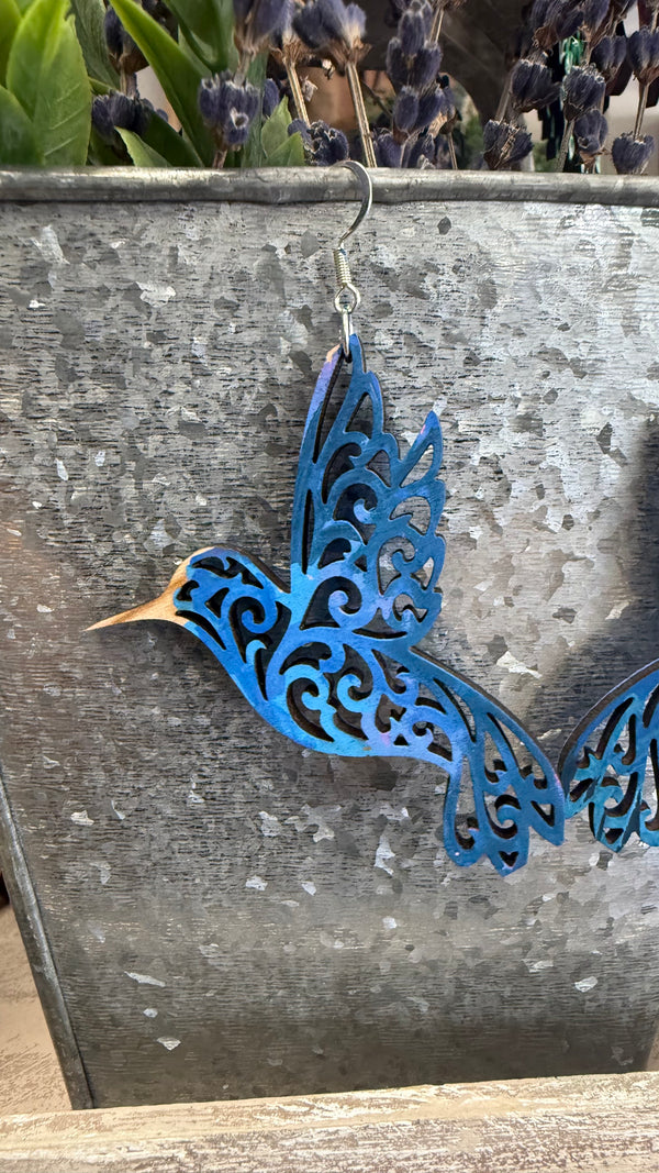 Blue Filigree Hummingbird Earrings by Wisp & Fern