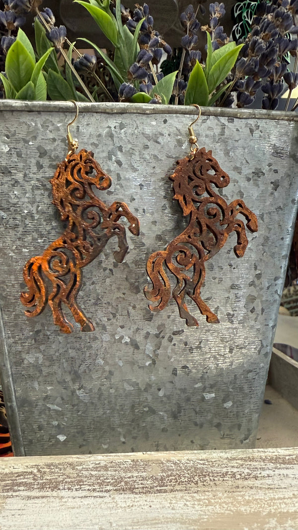 Rearing Rusty Iron Horse Filigree Earrings by Wisp & Fern