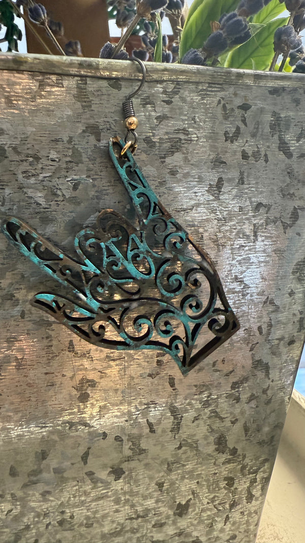 Rusty Patina ASL “I Love You” Hand Earrings by Wisp and Fern