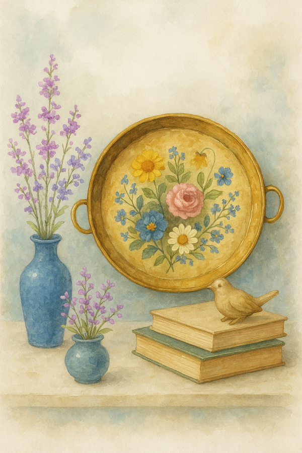 Decorative scene with a floral tray, books, vases, and a bird on a light background