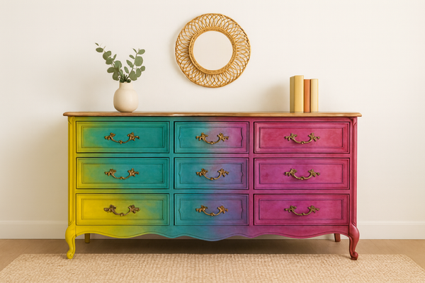 Ombre Rainbow Colorful dresser with a rainbow gradient in a room setting. We used Debi's Design Diary DIY paint and Annie Sloan Chalk Paints to make this brilliant effect!