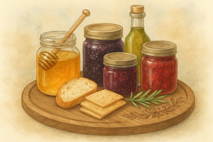 Illustration of a wooden board with jars of honey and various jams, bread, and crackers.