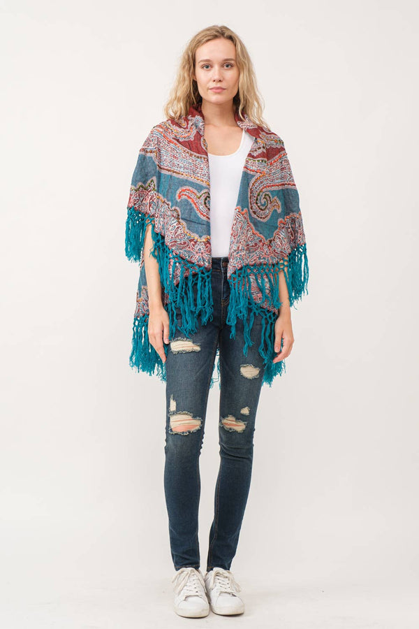 Gisele Embroidered Poncho: Turquoise with Rust Multi / One Size Fits Most