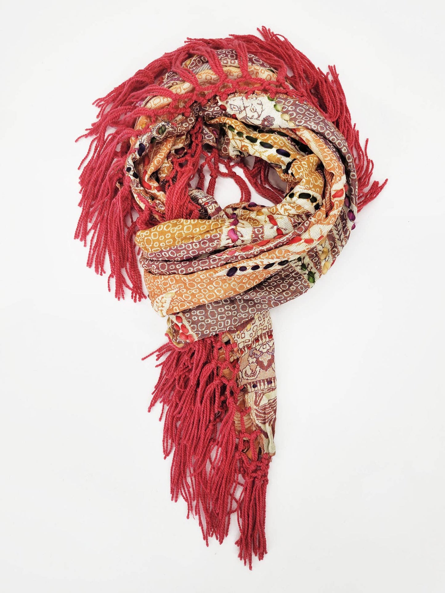 Raj - Jody Thick Stitch Marquise Diamond Shape Scarf Shawl 2 Color: Crimson / Multi