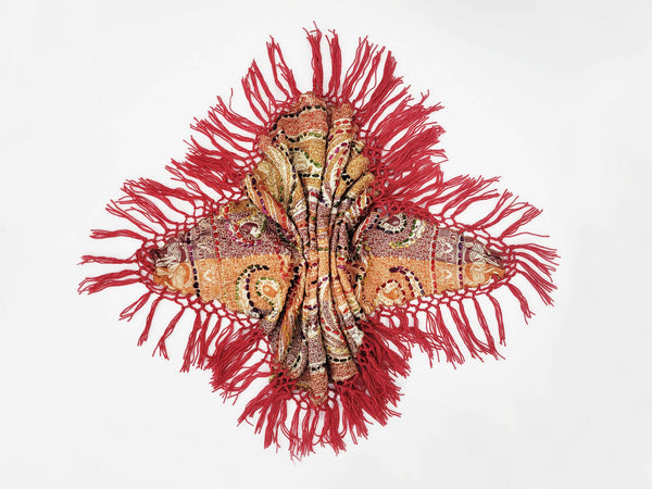 Raj - Jody Thick Stitch Marquise Diamond Shape Scarf Shawl 2 Color: Crimson / Multi