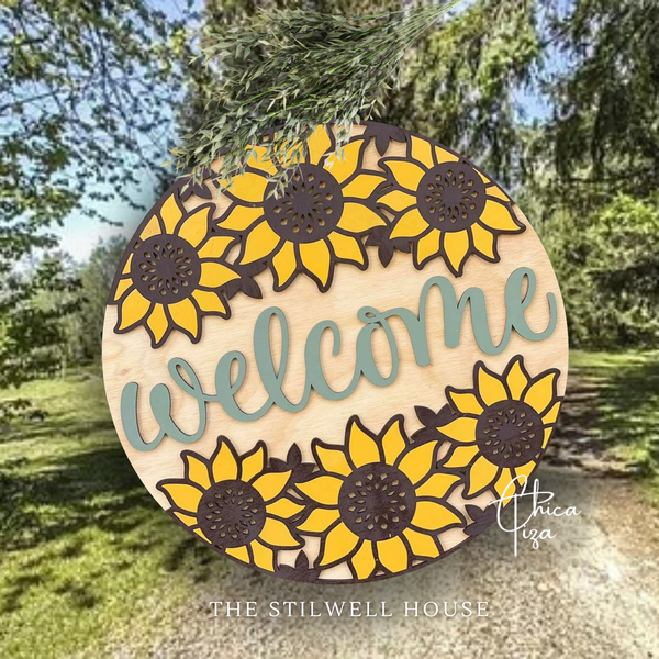 Welcome Sunflower Chain  - Round  Wood Door Sign | Hanger | ChicaTiza