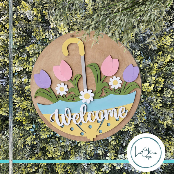 Tulip Umbrella  - Round  Wood Door Sign | Hanger | ChicaTiza
