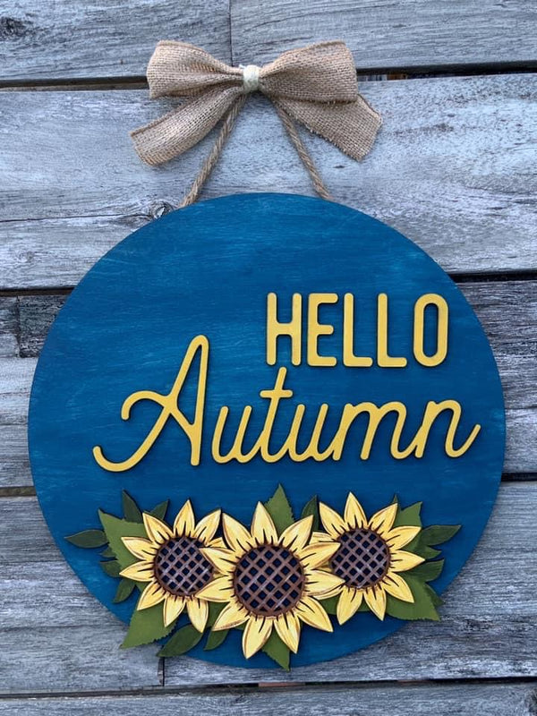 Hello Autumn -  - Round  Wood Door Sign | Hanger | ChicaTiza