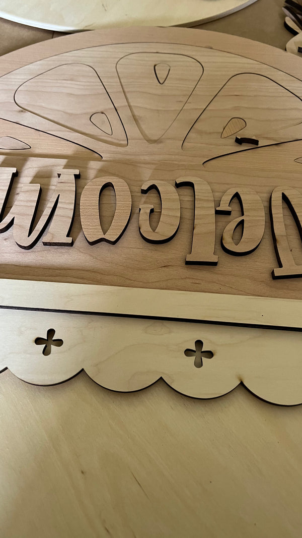Welcome Lemon 22  - Round  Wood Door Sign | Hanger | ChicaTiza