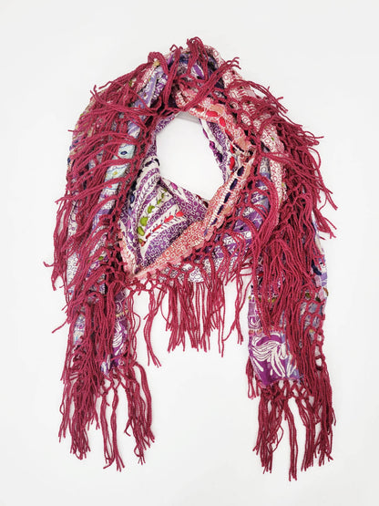 Raj  - Jody Thick Stitch Marquise Diamond Shape Scarf Shawl 2 Color: Crimson / Multi