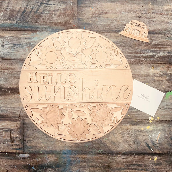Hello Sunshine Sunflower  - Round  Wood Door Sign | Hanger | ChicaTiza