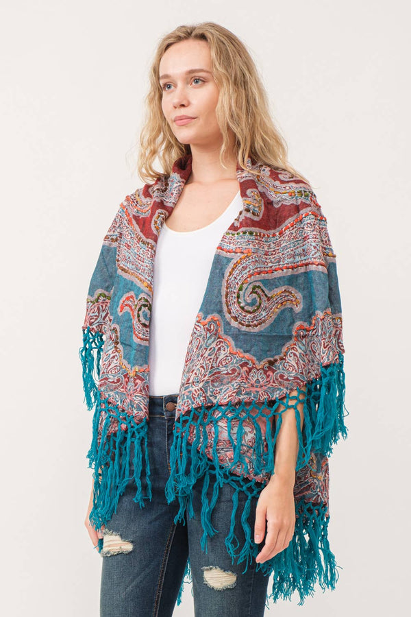 Gisele Embroidered Poncho: Turquoise with Rust Multi / One Size Fits Most