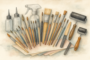 Illustration of art supplies including brushes, bottles, and a roller on a textured background
