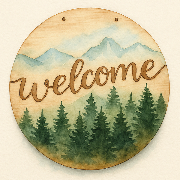 Water Color of a Round with Pine Trees and mountains. Painterly version of our Laser Cut Wooden Diy Paint kits