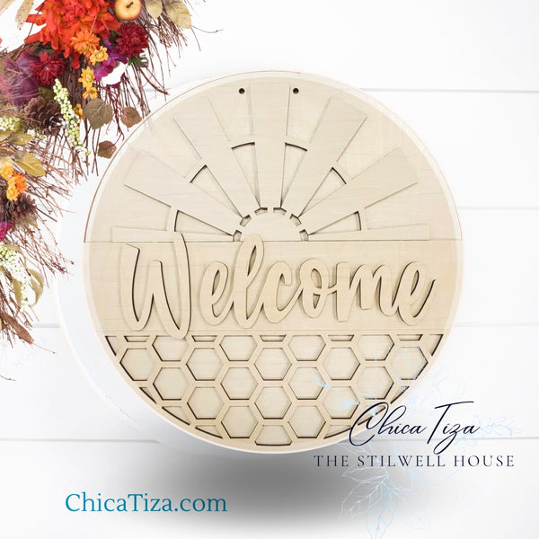 Farmhouse Windmill/hexagon  - Round  Wood Door Sign | Hanger | ChicaTiza