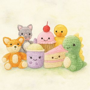 Collection of cute plush toys including a fox, cat, cupcake, and dinosaur on a light background. Crochet Kits available at the stilwellhouse.com