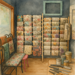 Artistic depiction of an artist's studio with canvases, paintbrushes, and a chair. Decorative and decoupage and mixed media papers
