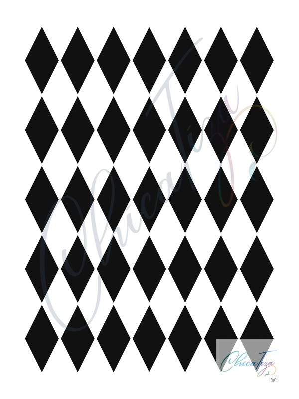 Harlequin Diamond Parade 9x12 clear stencil by ChicaTiza showing 35 elongated diamond openings in seven columns and five rows