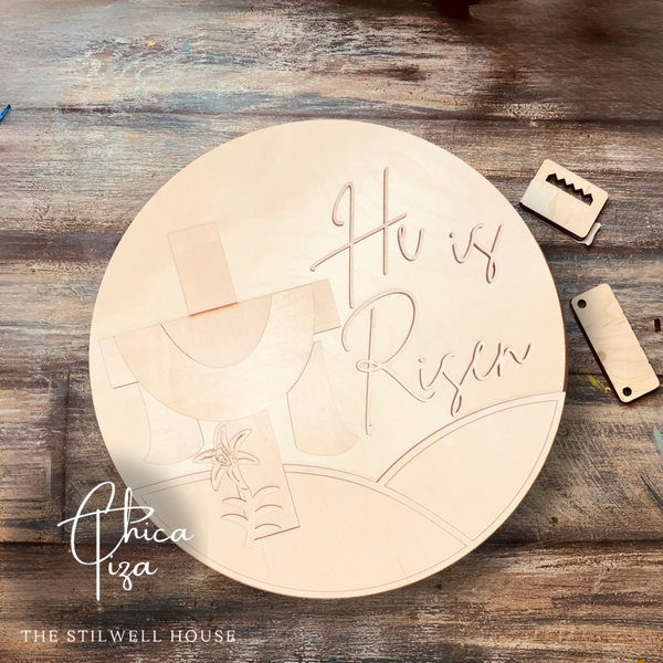 He Is Risen 1 Cross  - Round  Wood Door Sign | Hanger | ChicaTiza