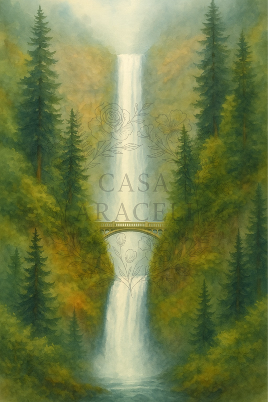 Forest Falls — Vertical Waterfall Scene on 24×36 Rice Paper | Casa Araceli