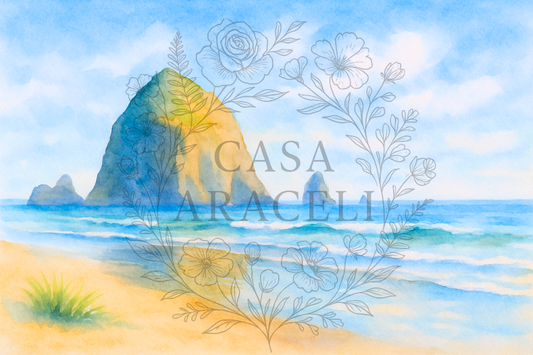 Haystack Rock, Cannon Beach at Noon 24x36 Rice Paper  | Casa Araceli