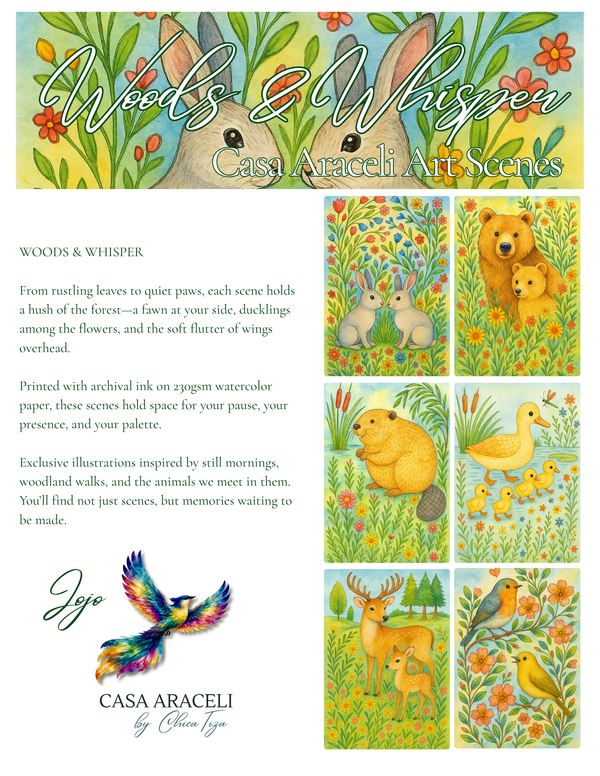 Woods and Whisper Casa Araceli painting kit with six woodland animal art scenes