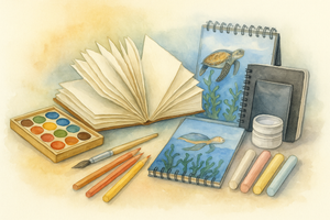 Illustration of art supplies including an open book, watercolor paints, brushes, and a notebook with turtle illustrations.