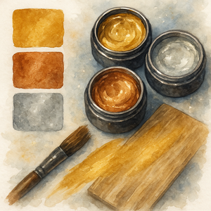 Illustration of pigment jars with gold paints, gold, silver and bronze pigments, powders and waxes, gold leaf by Posh Chalk, Annie Sloan and Debis Design Diary's DIY Paints, Liquid Patinas to enhance your moulds and casted resins and furniture. Perfect for mixed media too. as available at the Stilwell House