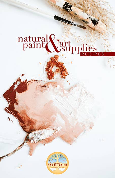 Book cover with paintbrushes and paint splashes on a white background, featuring text about natural paint and art supplies.