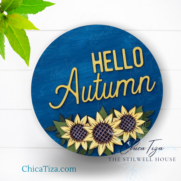 Hello Autumn -  - Round  Wood Door Sign | Hanger | ChicaTiza
