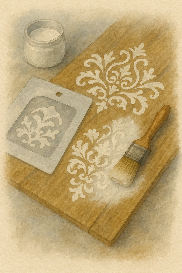 Decorative stencils and brush on a wooden surface with white paint.