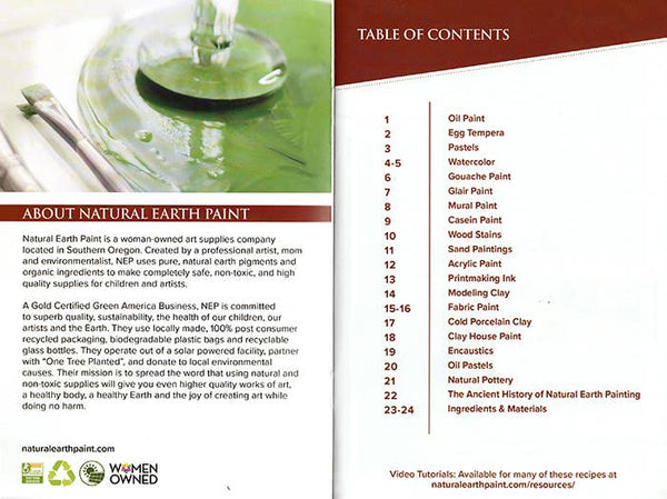 Table of contents for a natural earth paint product with a sidebar about the company.