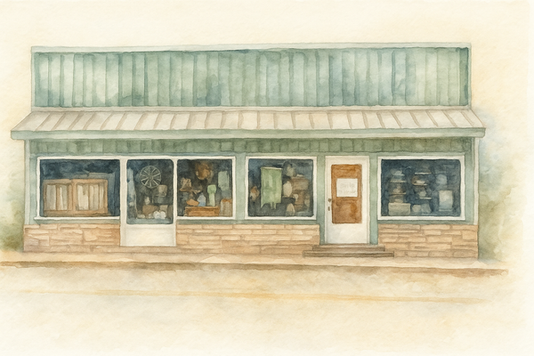 Illustration of a small store The Stilwell House ~ with windows displaying various items.
