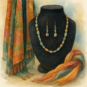 Jewelry set with necklace and earrings on a black mannequin bust, accompanied by a colorful scarf and apparel