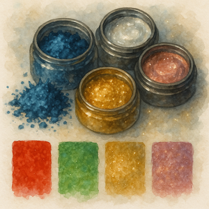 Jars of colorful powders Posh Chalk, Debi's Design Diary DIY Pigments, pigment powder in bright copper, rich shimmer for top coat finisheswith corresponding color swatches on a textured background