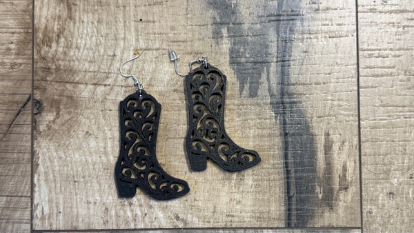 Black hand-painted filigree boot earrings by Wisp & Fern