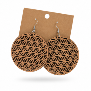 Blooming Flower of Life Earrings (3-inch) displayed on a kraft earring card